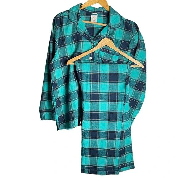 Lands End Womens Teal Navy Blue Plaid Flannel Pajama Set Cotton Size L - Picture 2 of 8